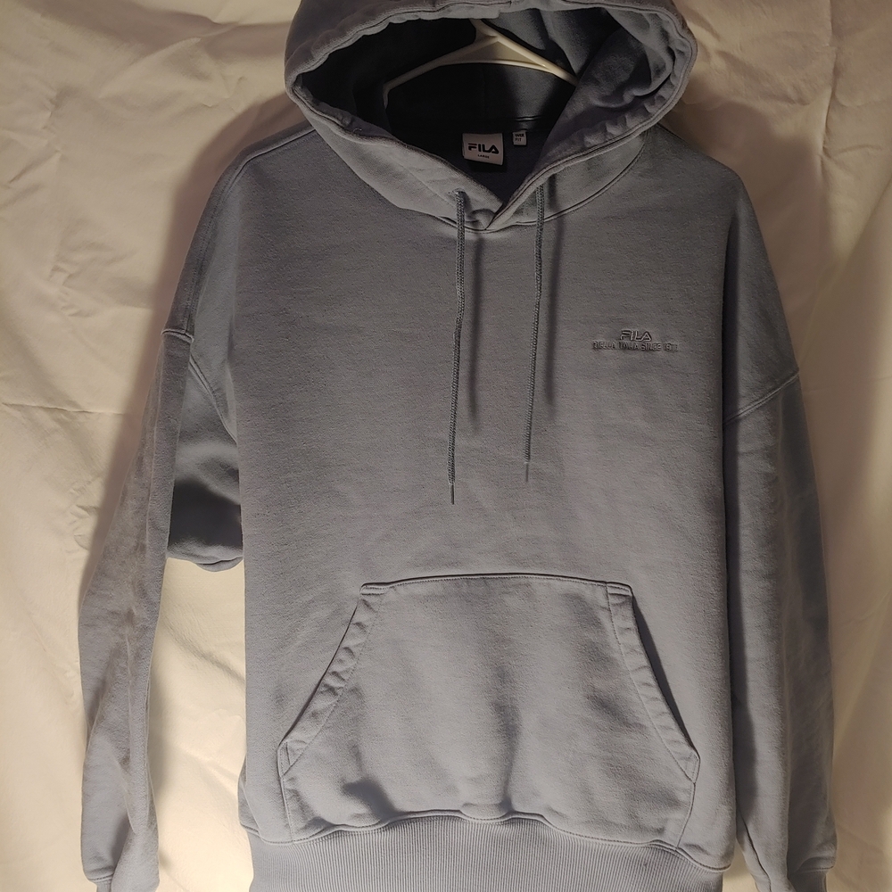 Great Condition Embroidered Slogan Fila Gray Blue Hoodie Men's L